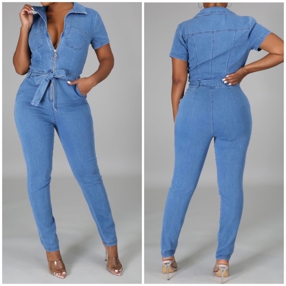Pants - CLASSIC DENIM SHORT SLEEVE ROMPER WITH ZIPPER